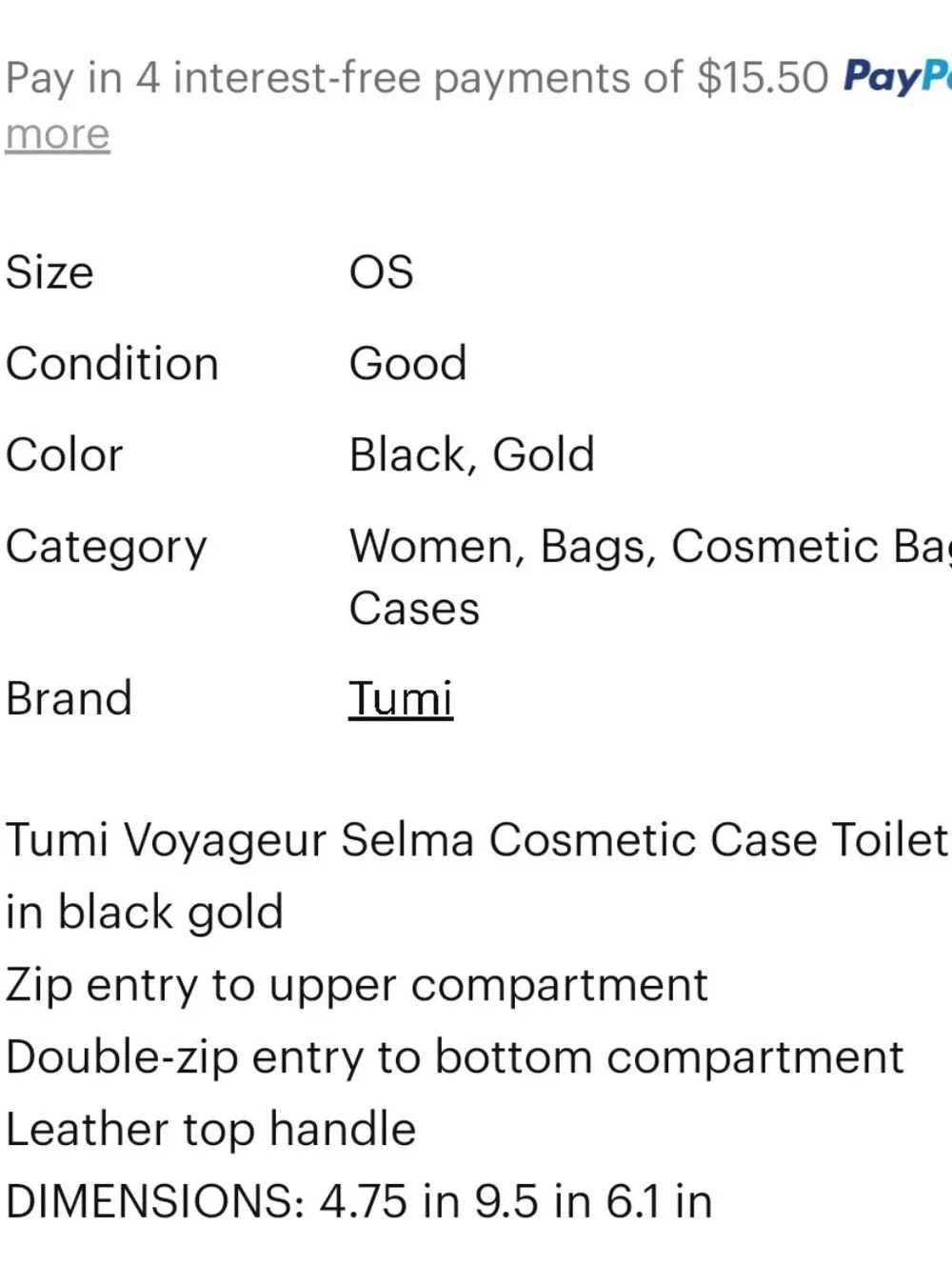 Tumi Voyageur Selma Cosmetic Case Toiletry Bag in black gold